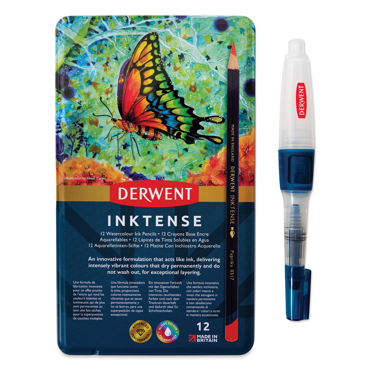 Derwent Inktense Pencil Set - Assorted Colors, Tin Box, Set of 12 with Waterbrush, Blick Exclusive